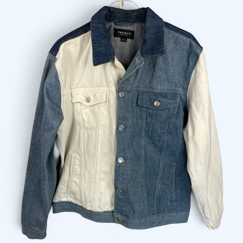 PacSun Color Block Denim Jean Jacket Men's Size Large Blue White